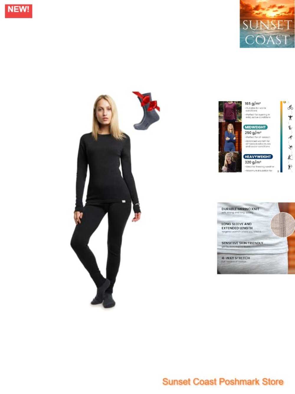 Merino Wool Base Layer Set Women Thermal Top Bottom Midweight